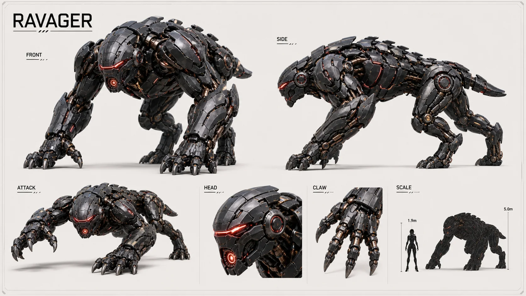 RAVAGER 机械兽正面、侧面、攻击姿态与比例设计板